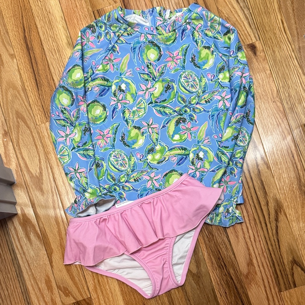 Girls Long-Sleeve Swim Rashguard Set in Blue & Pink